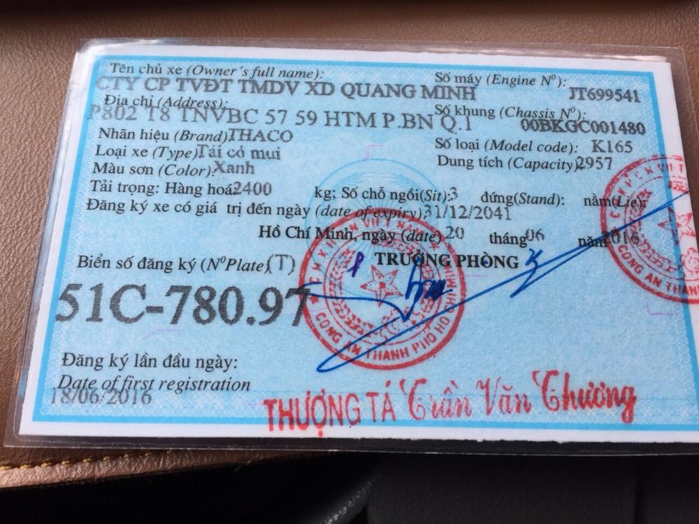 Thaco Kia K165 2016 - Xe Thaco Kia thùng bạt đăng ký lần đầu 2016, màu xanh lục còn mới, giá tốt 300 triệu