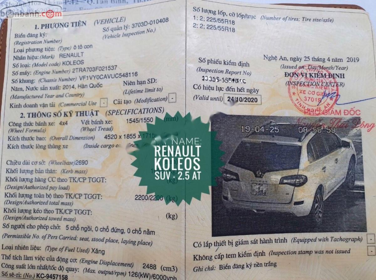 Renault Koleos 2014 - Cần bán xe Renault Koleos 2.5 AT sản xuất 2014, màu trắng, nhập khẩu