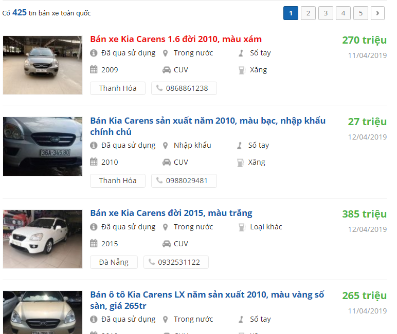 Tin rao bán xe Kia Carens trên Oto.com.vn.